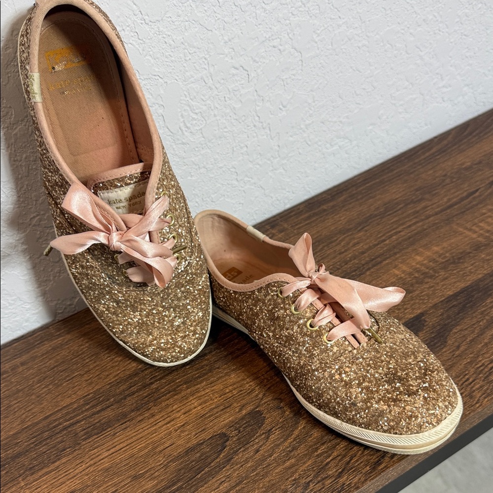 Kate Spade KEDS Rose Gold Sneakers with ribbon.